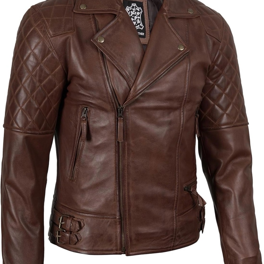 Men's Quilted Asymmetrical Cognac Leather Biker Fashion Jacket, XS - Picture 3 of 10